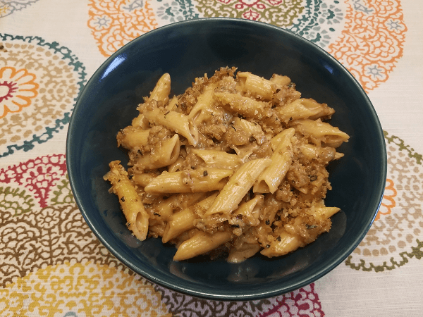 extra-virgin olive oil, butter, garlic, Panko bread crumbs, thyme, parsley, Parmigiano-Reggiano cheese, Parmesan cheese, onions, bay leaf, bay leaves, salt, black pepper, white wine, sherry, beef consomme, all-purpose flour, whole milk, nutmeg, Gruyere cheese, penne rigate pasta, cavatappi